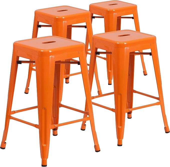 Flash Furniture Lily 4 Pack Commercial Grade 24" High Backless Orange Metal by FlashFurniture