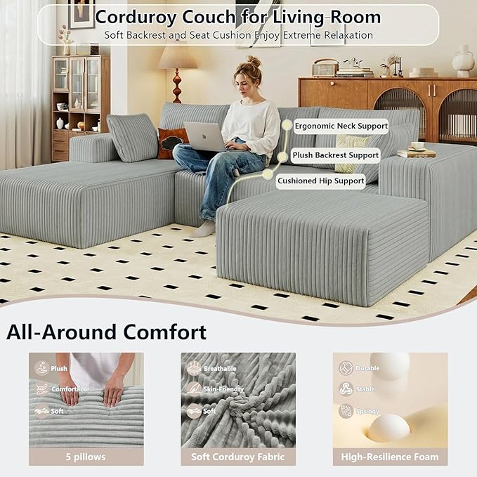 95" Cloud Sectional Couch U-Shaped Chaise - Image 4