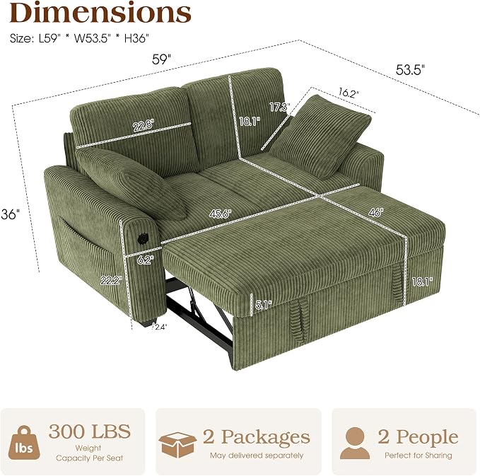 Ihanherry 59-inch Corduroy Convertible Sofa Bed - Image 2