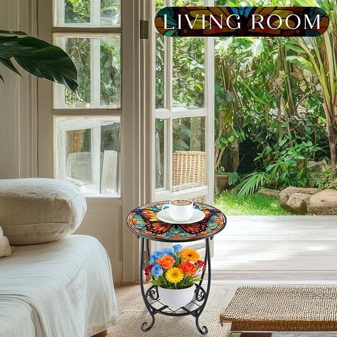 Cinnvoice Outdoor Side Table Round Small Mosaic Patio Accent Indoor End Plant - Image 8