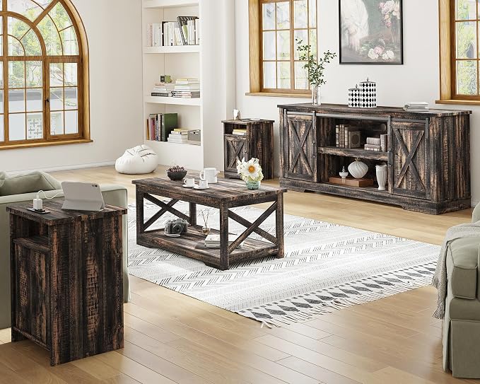 AMERLIFE 4-Piece Farmhouse Table Set Includes Sliding Barn Door TV Stand - Image 6