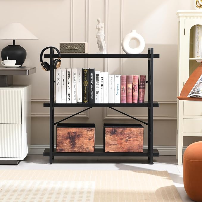 HCHQHS Bookshelf, 3-Tier Industrial Bookcase, Freestanding Horizontal - Image 7