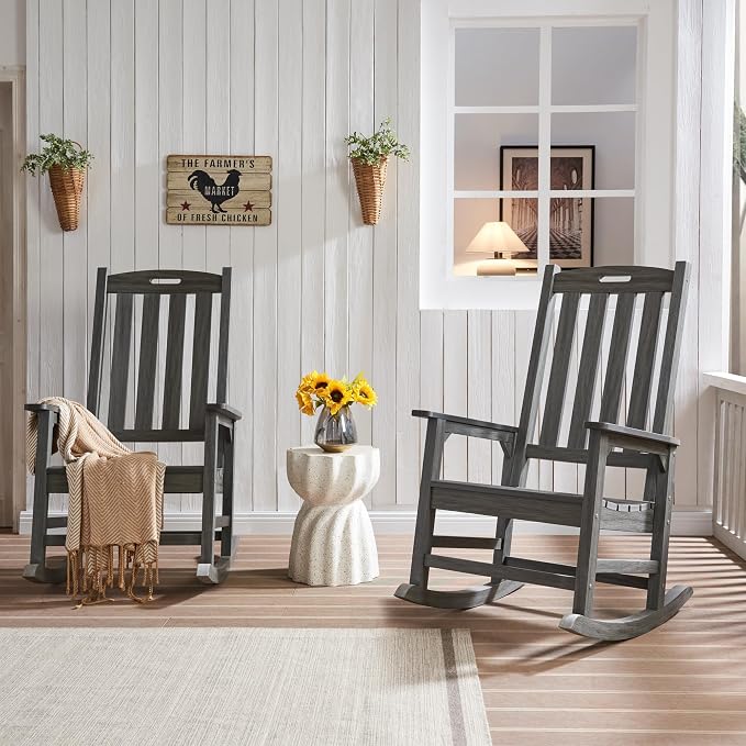 Psilvam Outdoor Rocking Chair Set of 2, Poly Lumber Oversized Rocking Chair - Image 6