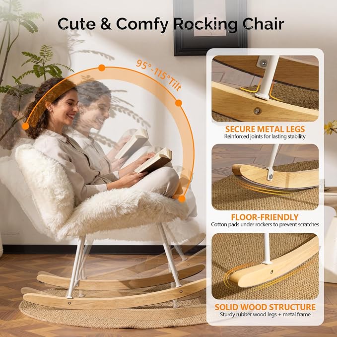 VINGLI 25.6" Extra Wide Criss Cross Nursery Rocking Chair, Cute Curved 115° - Image 4