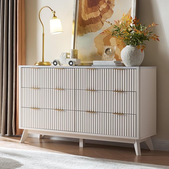 T4TREAM Fluted 6 Drawers Dresser, Curved Profile Design, Dresser TV Stand by T4TREAMFurniture