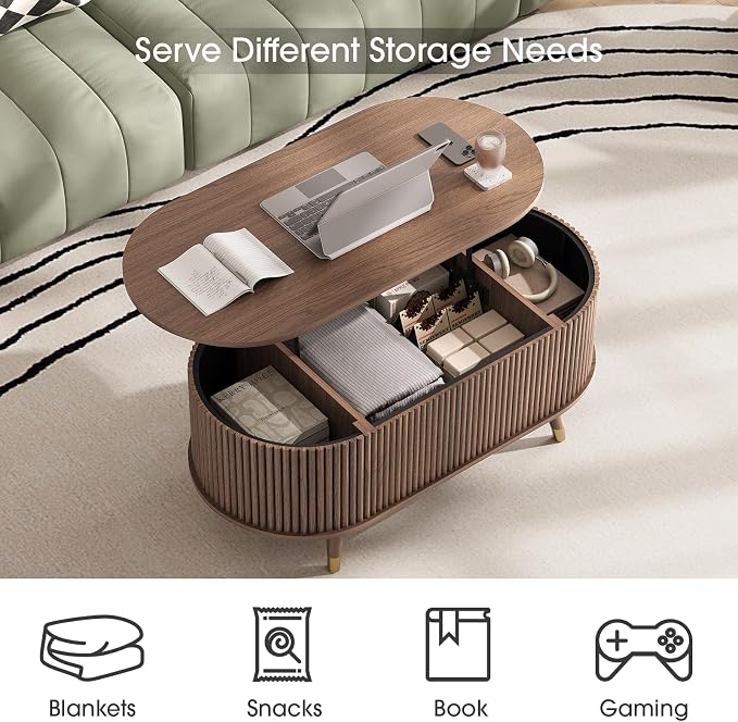 SULIVES Oval Coffee Table with Storage, Small Fluted Center Table - Image 3