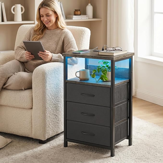 Fixwal Night Stand with Charging Station, LED Nightstand with U-S-B Ports and - Image 7