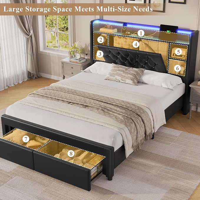 Queen Bed Frame with Drawers, Hidden-Cubby & Shelves Storage Headboard with - Image 6