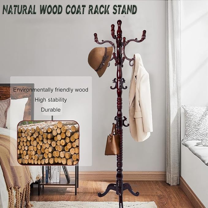 73" Wooden Coat Rack Stand, Coat Racks Freestanding - Image 3
