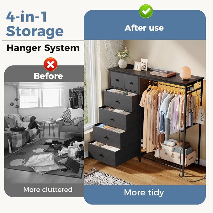 DUMOS Dresser for Bedroom with Hanging Rack, 6 Drawer Fabric Dresser with - Image 4