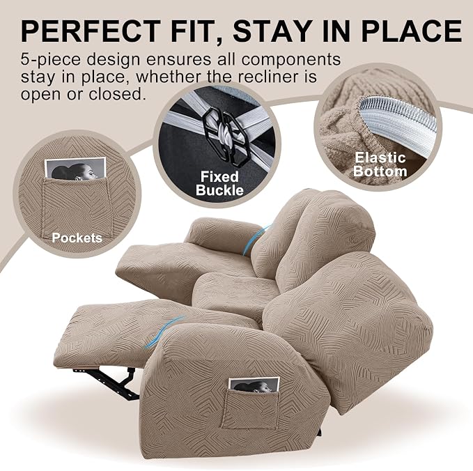 5-Piece Recliner Sofa Covers, Stretch Geometric Strokes Jacquard Recliner Sofa - Image 4