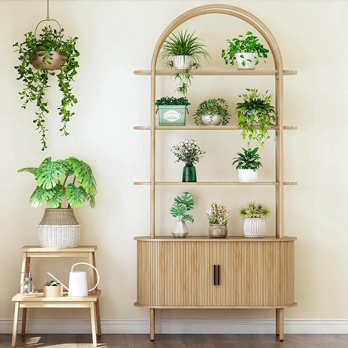 79" Tall Arched Bookshelf with Sliding Tambour Doors, Mid Century Modern Curved - Image 4