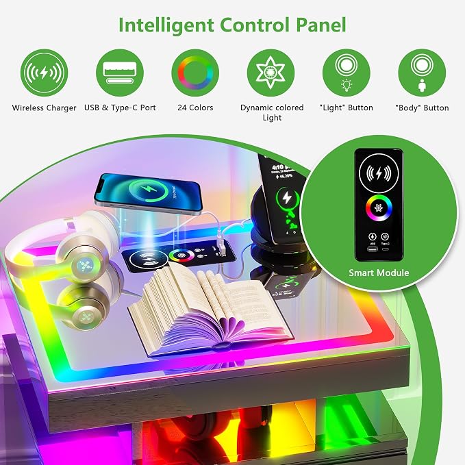 HNEBC RGB Nightstand with Wireless Charging Station, LED Night Stand with - Image 4