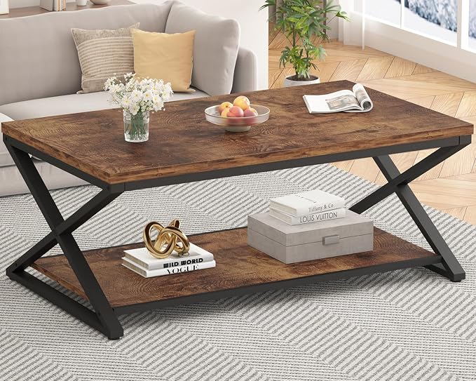 HSH Rustic Coffee Table with Storage Shelf, Industrial Metal Wood Living Room - Image 3