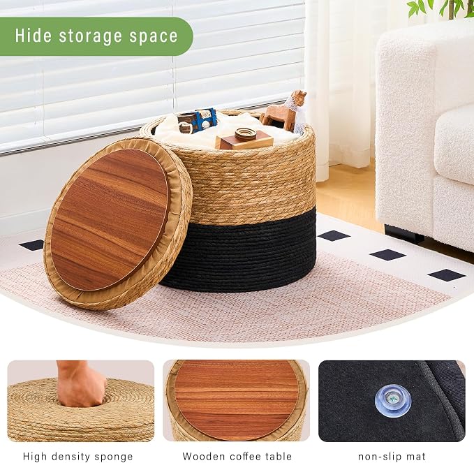 Wimarsbon Round Pouf Ottomans, Handwoven Natural Water Hyacinth Seagrass Pouffe - Image 6
