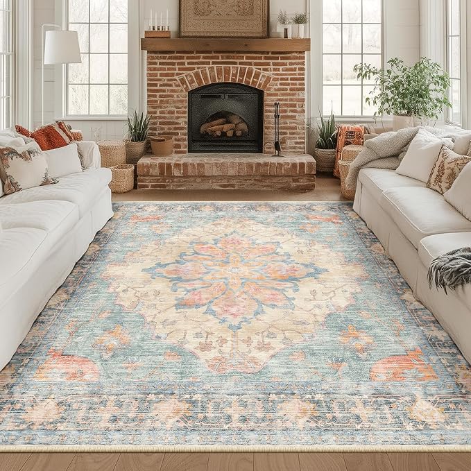 RELEANY Area Rugs Square 8ft Washable Non-Slip, Floral Vintage Distress Print by RELEANY