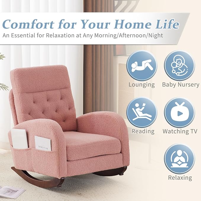 VINGLI Teddy Fleece Low Seat Rocking Chair, Boucle Upholstered Nursery Glider - Image 7