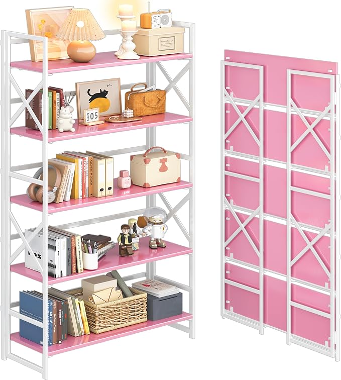 4NM Extra Wide 5 Tiers No Assembly Book Shelves, 51.2" H Folding Bookshelf by 4NM