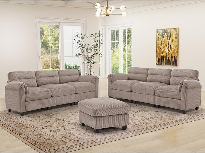 HAOMARKETS Corduroy Sofa Set, Upholstered Ottoman and 3-Seater Couch Set of 2 by HAOMARKETS