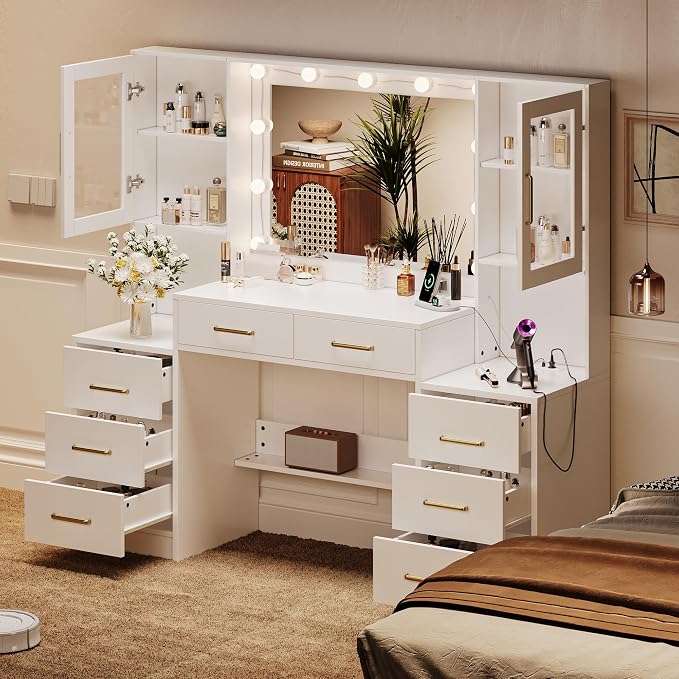 TOKSOM White Vanity Desk with Mirror, Lights & Charging Station, 2 Cabinets and - Image 6