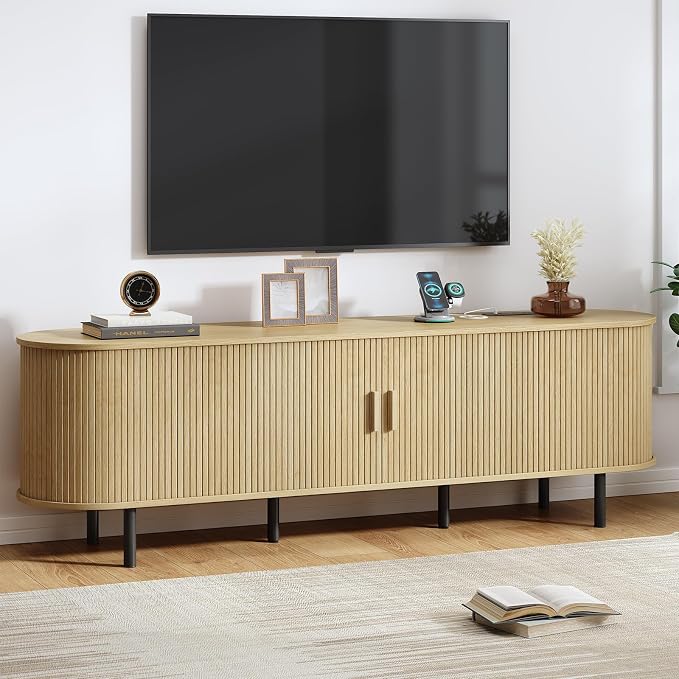 70.8" TV Stand with Power Outlet, Mid-Century Modern Television Stand, Fluted by ComfyCorner