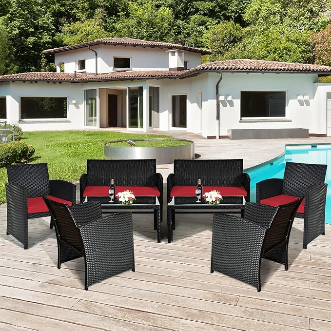 Tangkula Patio Wicker Conversation Furniture Set, Patiojoy Sofa & Table Set w/4 - Image 5