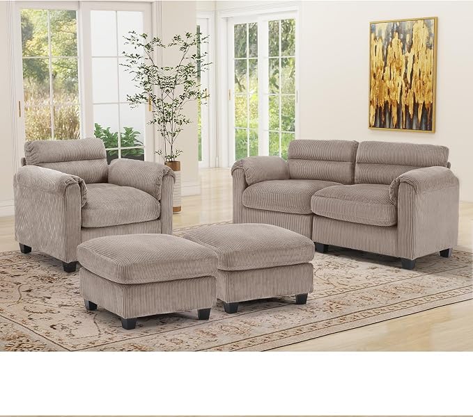 HAOMARKETS Corduroy 4-Piece Sofa Set, Upholstered Ottoman Set of 2, Accent by HAOMARKETS