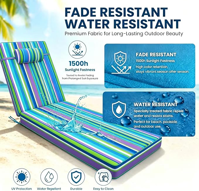 Chaise Lounge Cushion for Outdoor Furniture, Waterproof, Fade-Resistant and - Image 3