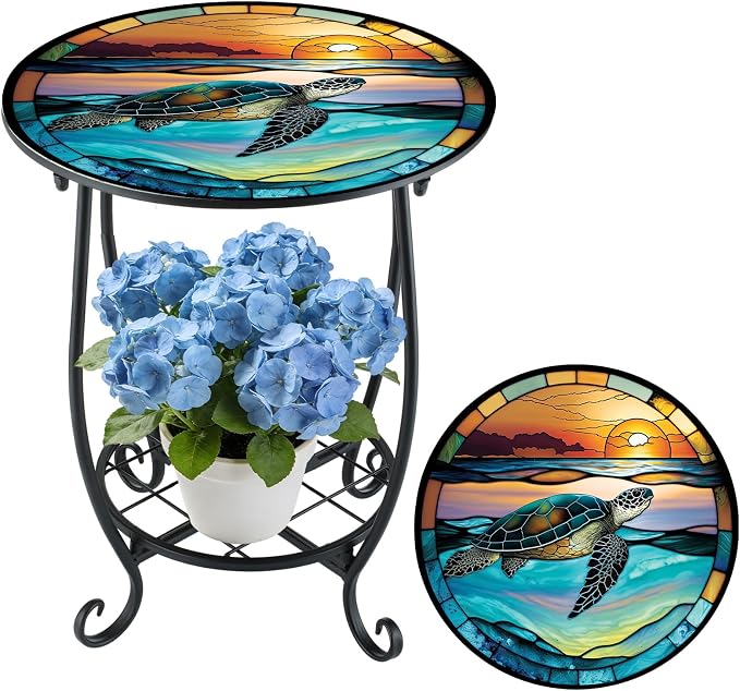 Cinnvoice Outdoor Side Table Round Small Mosaic Patio Accent Indoor End Plant by Cinnvoice