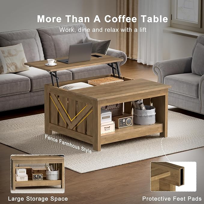 FABATO Lift Top Coffee Table, 31.5" Farmhouse Coffee Tables - Image 8