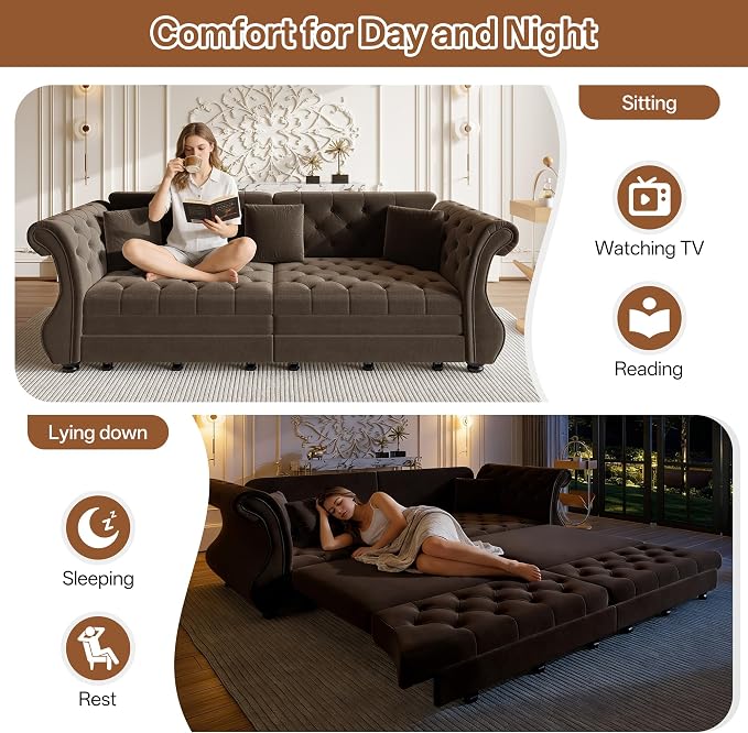 97.6" Oversized Pull Out Sofa Bed, Chesterfield Velvet Sleeper Sofa Couch - Image 3