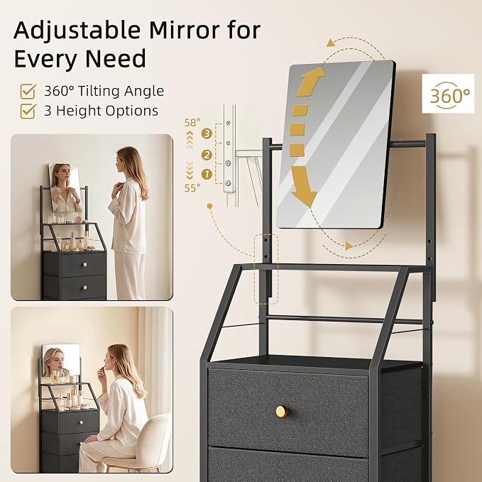 HIGDBFE 4-Drawer Dresser with Mirror, Vanity with 2-Tier Shelves, Fabric Chest - Image 4