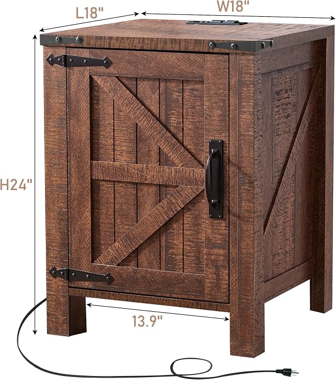 OKD Nightstand w/Charging Station, 18 Inch Farmhouse End Table w/Barn Door and - Image 7