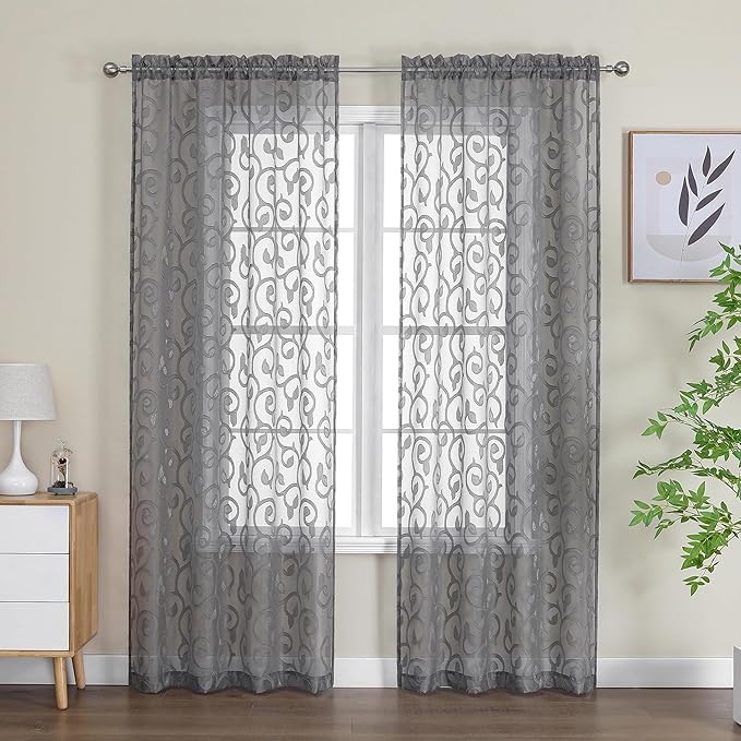 OWENIE Furman Grey Sheer Curtains 72 inches Long 2 Panels Set, Light Filtering - Image 2