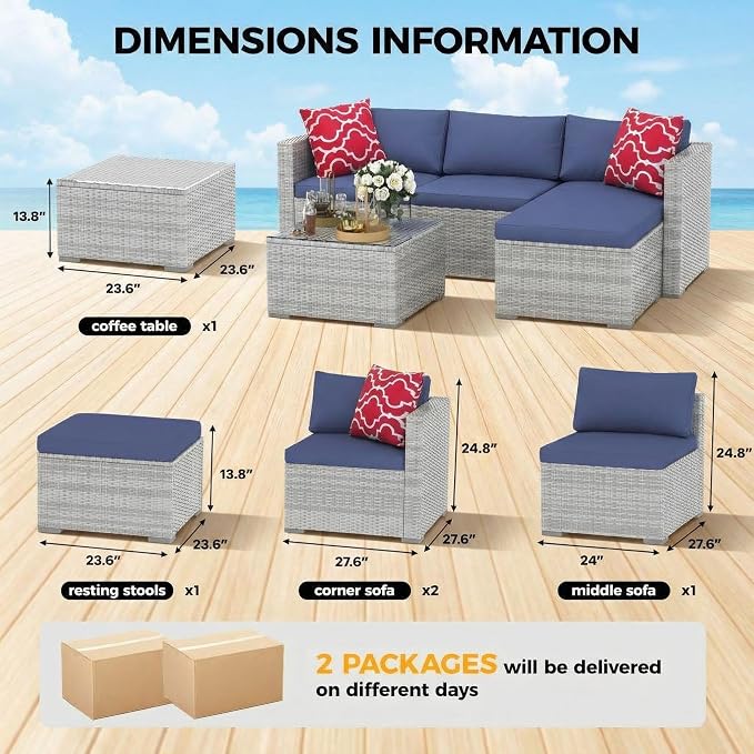 5-Piece L-Shaped Outdoor Patio Furniture Set, PE Wicker Sectional Sofa Set - Image 2