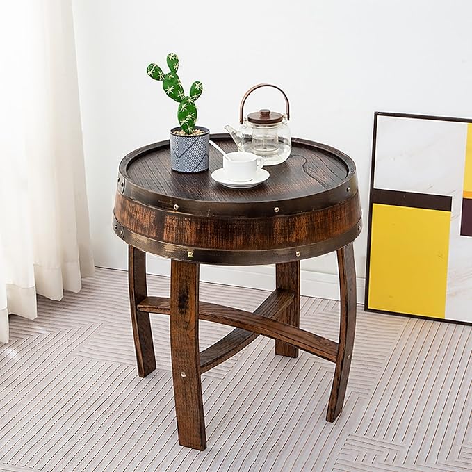 Farmhouse Whiskey Barrel End Table, Round Wood Barrel Side Table, Rusitc Wine - Image 2