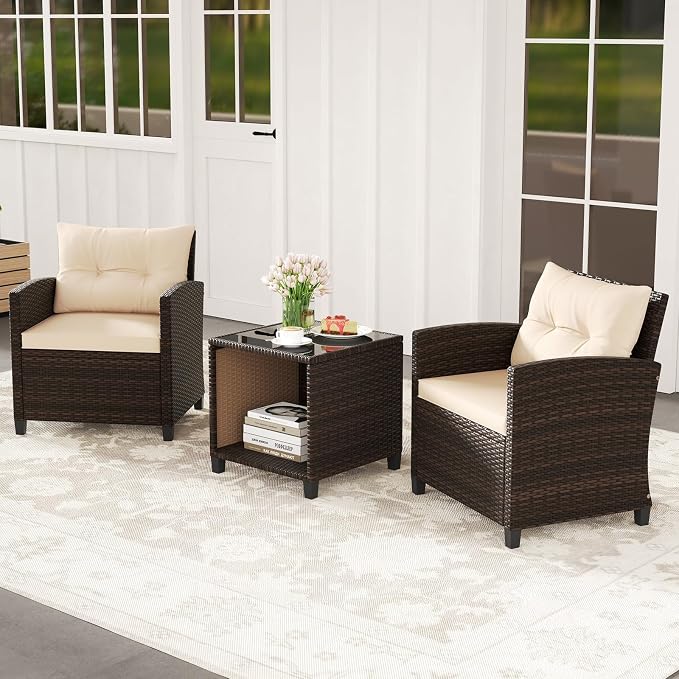 HAPPYGRILL 3 Pieces Patio Conversation Set, Outdoor Rattan Wicker Chairs & - Image 4