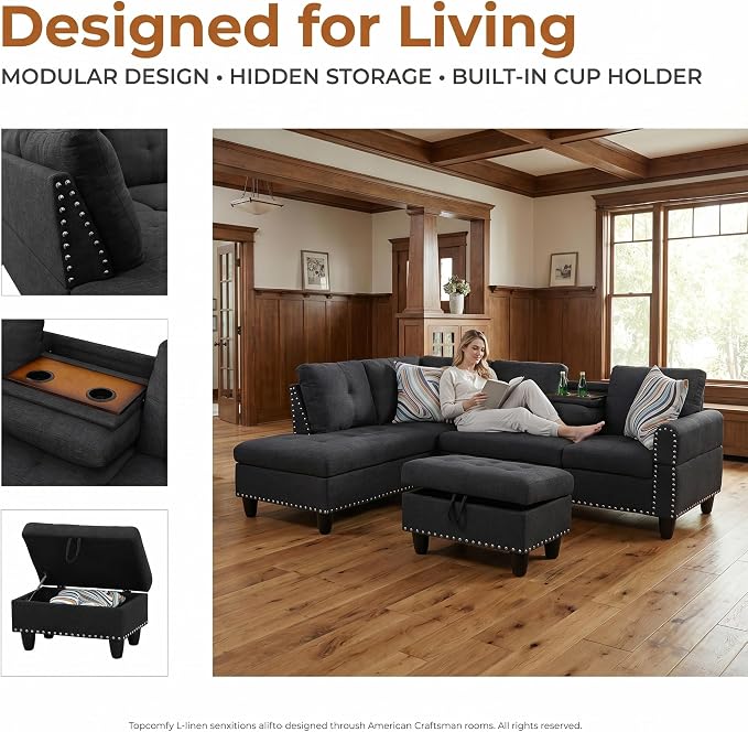 97.5" L Shaped Couch Set Linen, Modular Sectional Couches - Image 4