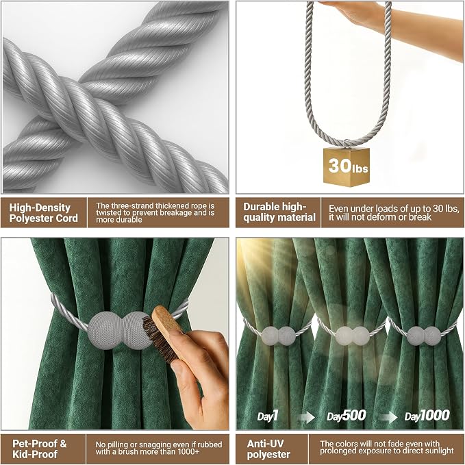 Hion Magnetic Curtain Tiebacks Grey 6 Pack, Curtain Tiebacks Buckles Holdbacks - Image 3