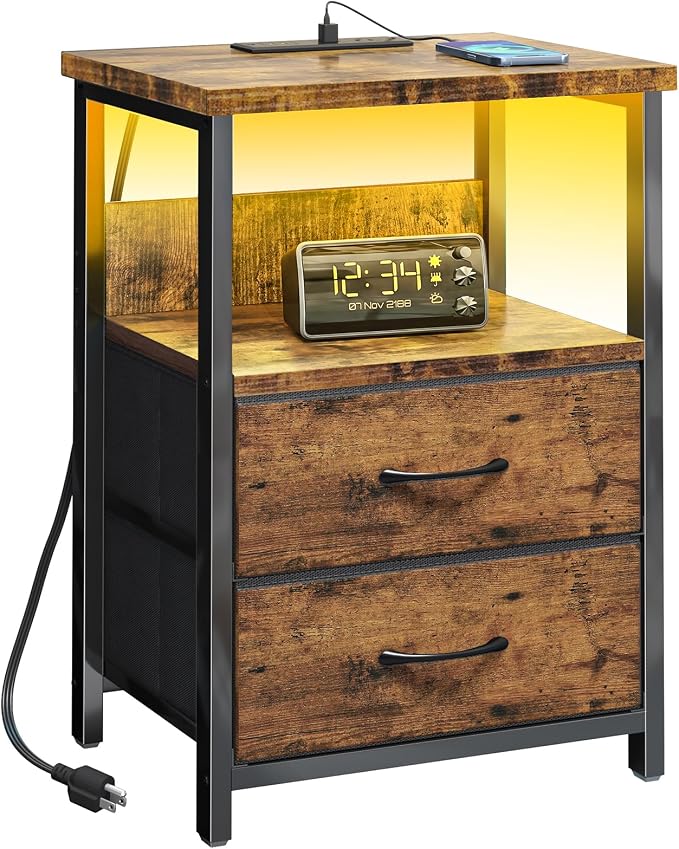 Fixwal Night Stand with Charging Station, LED Nightstand with U-S-B Ports and by Fixwal