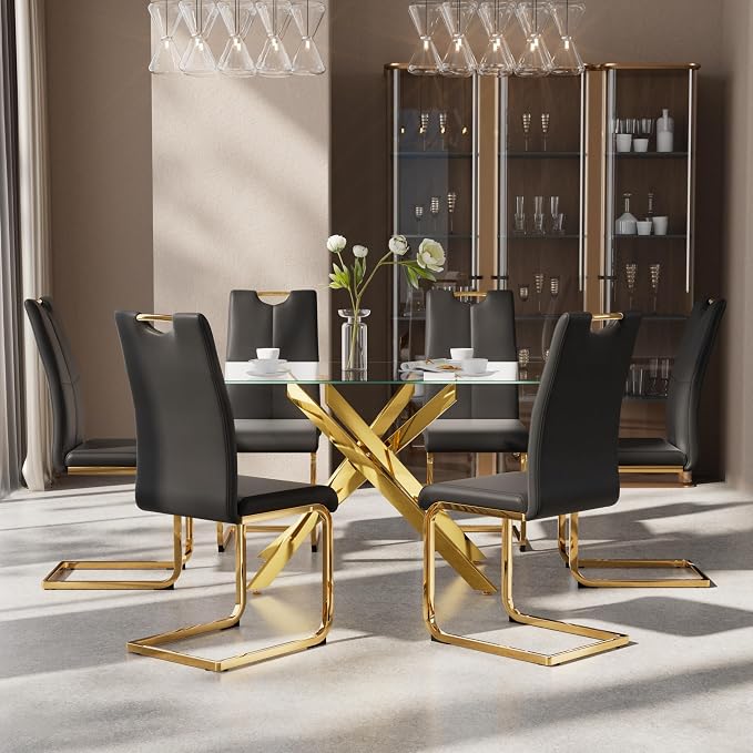 7-Piece Dining Table Set for 6, Modern Rectangular Glass Table - Image 3