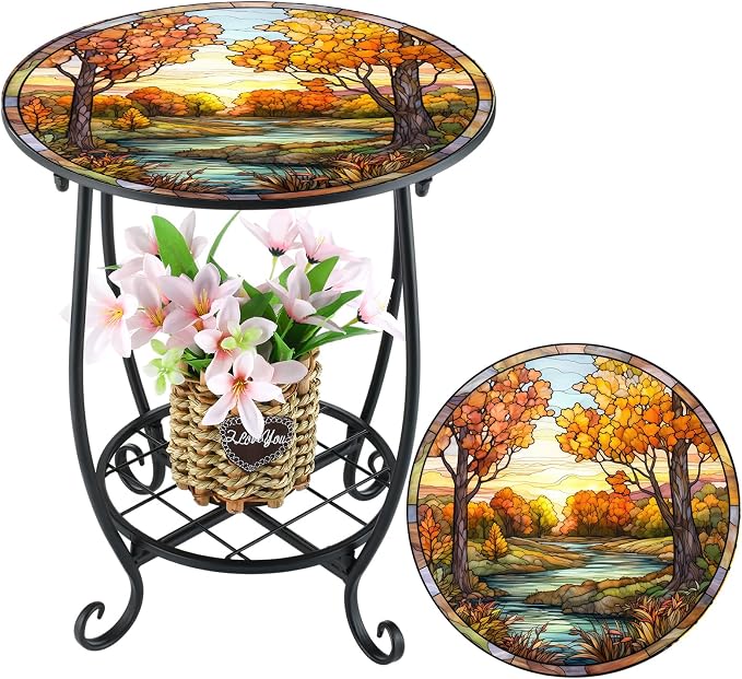 Cinnvoice Outdoor Side Table Round Small Mosaic Patio Accent Indoor End Plant - Image 7