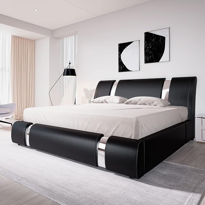 Allewie Queen Bed Frame with Iron Piece Decor, Faux Leather Upholstered by Allewie