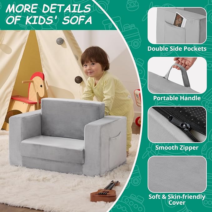Kids Couch, 2-in-1 Toddler Chair Comfy 1-3 Years Old, Convertible Kids Chair - Image 4
