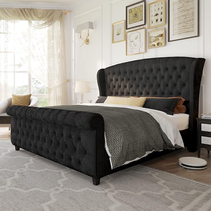 AMERLIFE Queen Size Platform Bed Frame, Velvet Upholstered Sleigh Bed by AMERLIFE