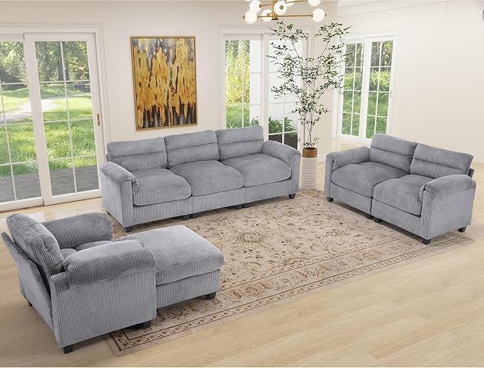 HAOMARKETS Corduroy 4-Piece Sofa Set, Upholstered Ottoman Set of 2 and Accent - Image 7