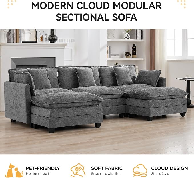 111'' Sectional Cloud Deep Seat Couch, Oversized Chenille U Shaped Sectional - Image 7