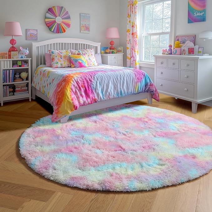 Amdrebio Rainbow Fluffy Small Round Rug 3Ft Kids Rugs - Image 2