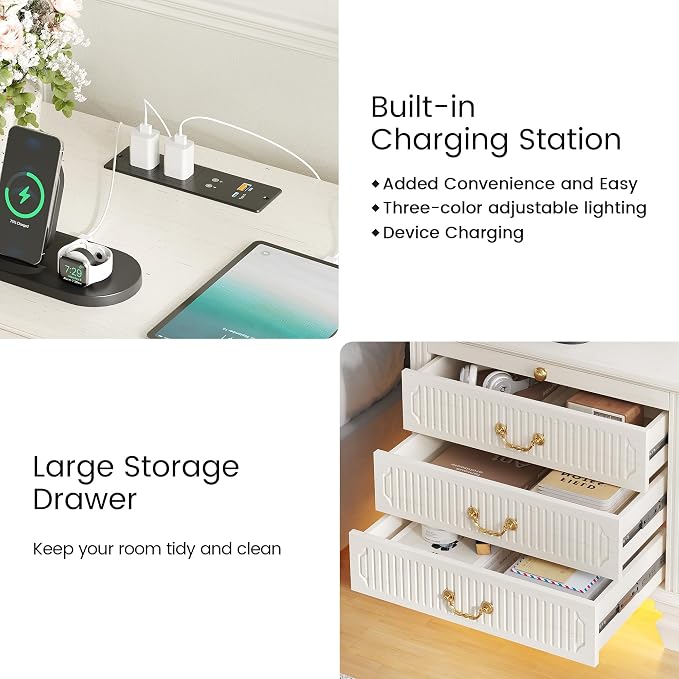 25.6'' Wide Bedside Table with 3 Drawers & Pull-out Tray, Smart Night Stand - Image 5