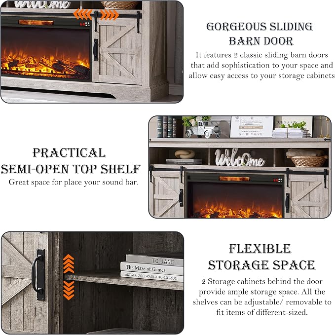 OKD Fireplace TV Stand for 80 Inch TV, Rustic Media Console w/Sliding Barn Door - Image 5